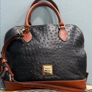 Dooney & Bourke Black with Brown Trim Ostrich-Embossed Leather Satchel